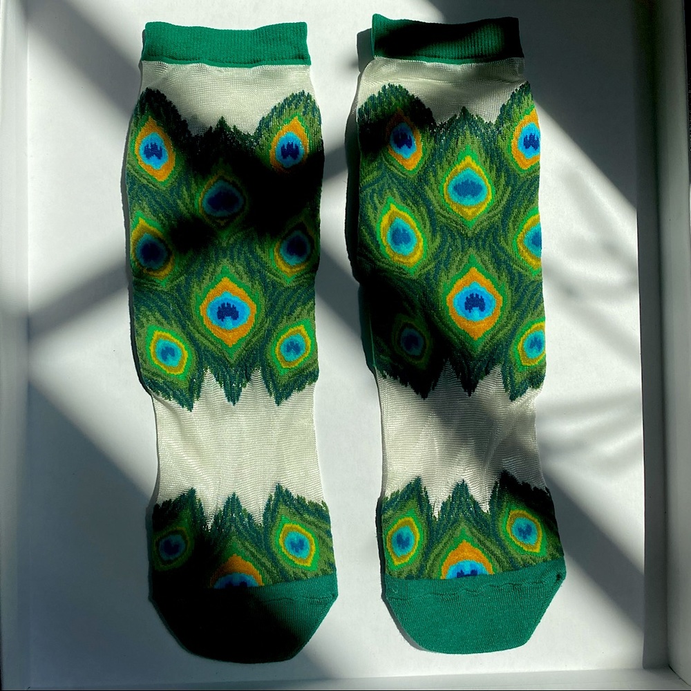 FUN SOCKS Sheer + Knit Peacock Green White